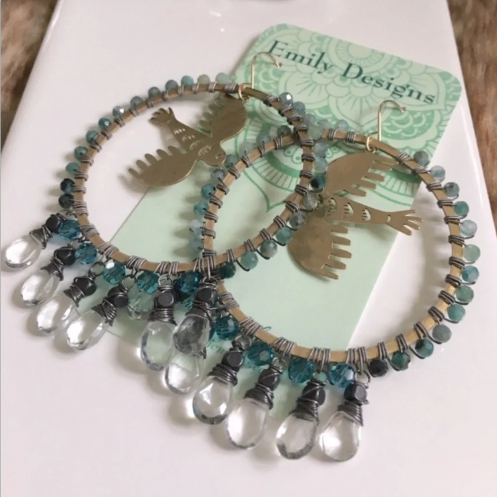 Hoop Earrings Aquamarine & Chrysocolla Brass Bird 🧿 🕊️ - Picture 4 of 8